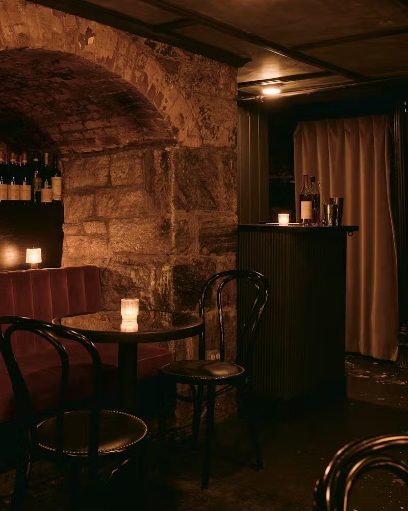 a dining table in a dark room