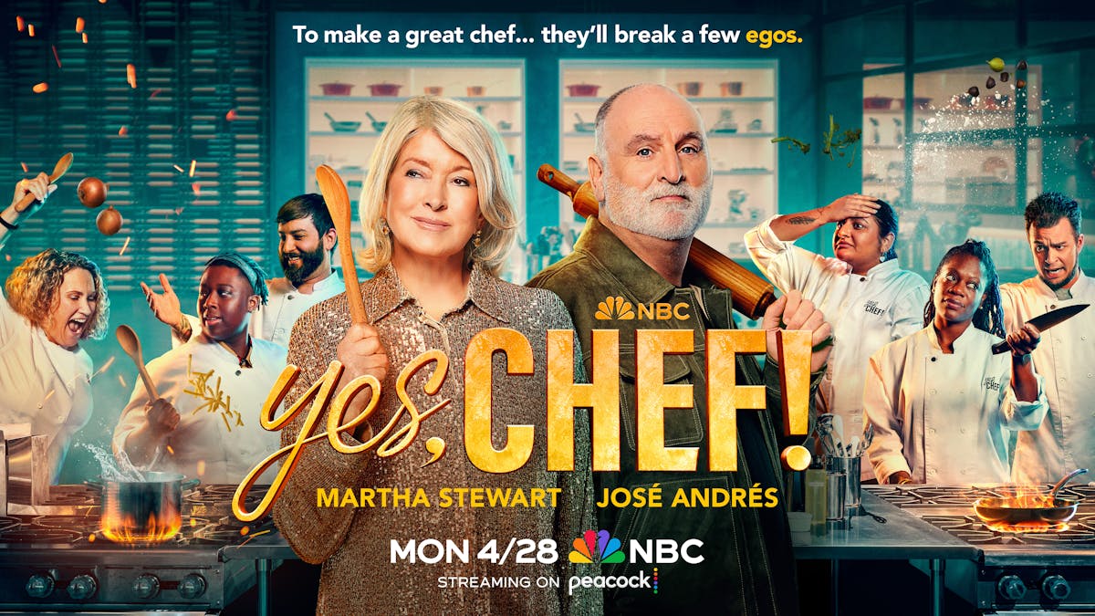 woman and man holding cooking utensils, with gold writing that says yes, chef!