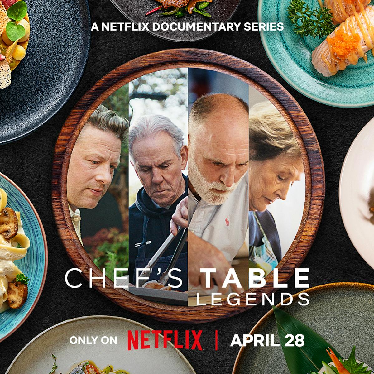 photos of chefs faces on a wooden plate, with a text that says 'Chef's Table: Legends' written over.