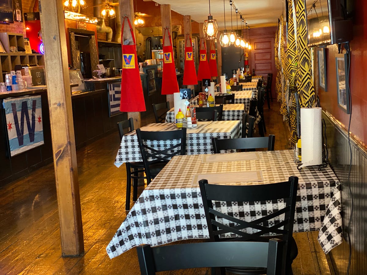 a dining room table in front of a store