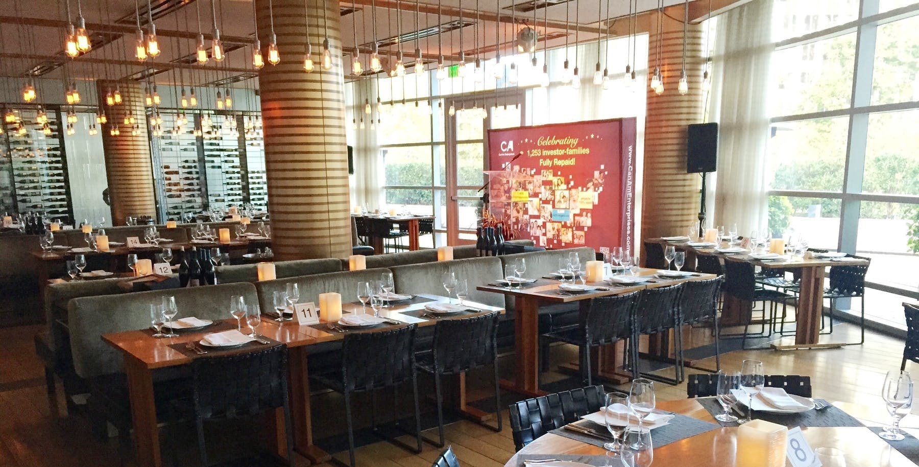 a room filled with tables and chairs and a large window