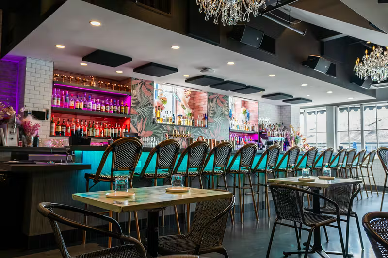 a dining room table in front of a store