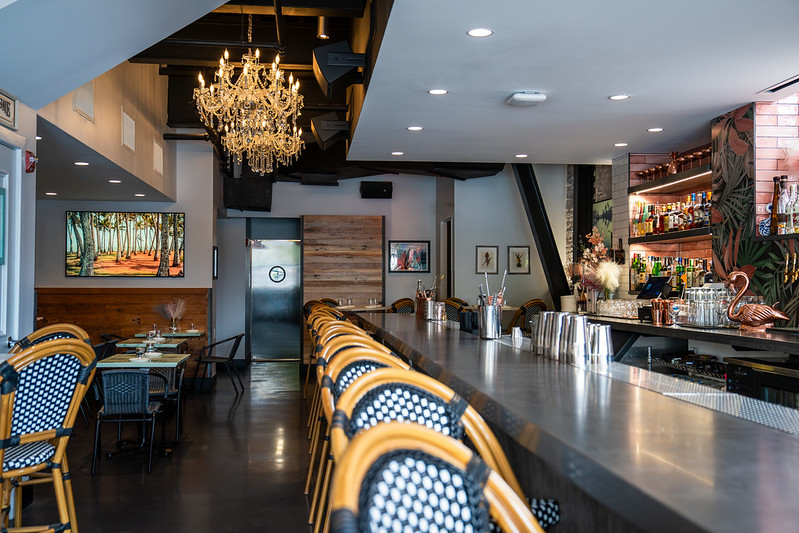 a dining room table in front of a store