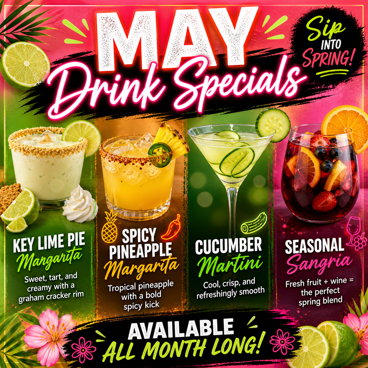 a poster of drinks on a pink background