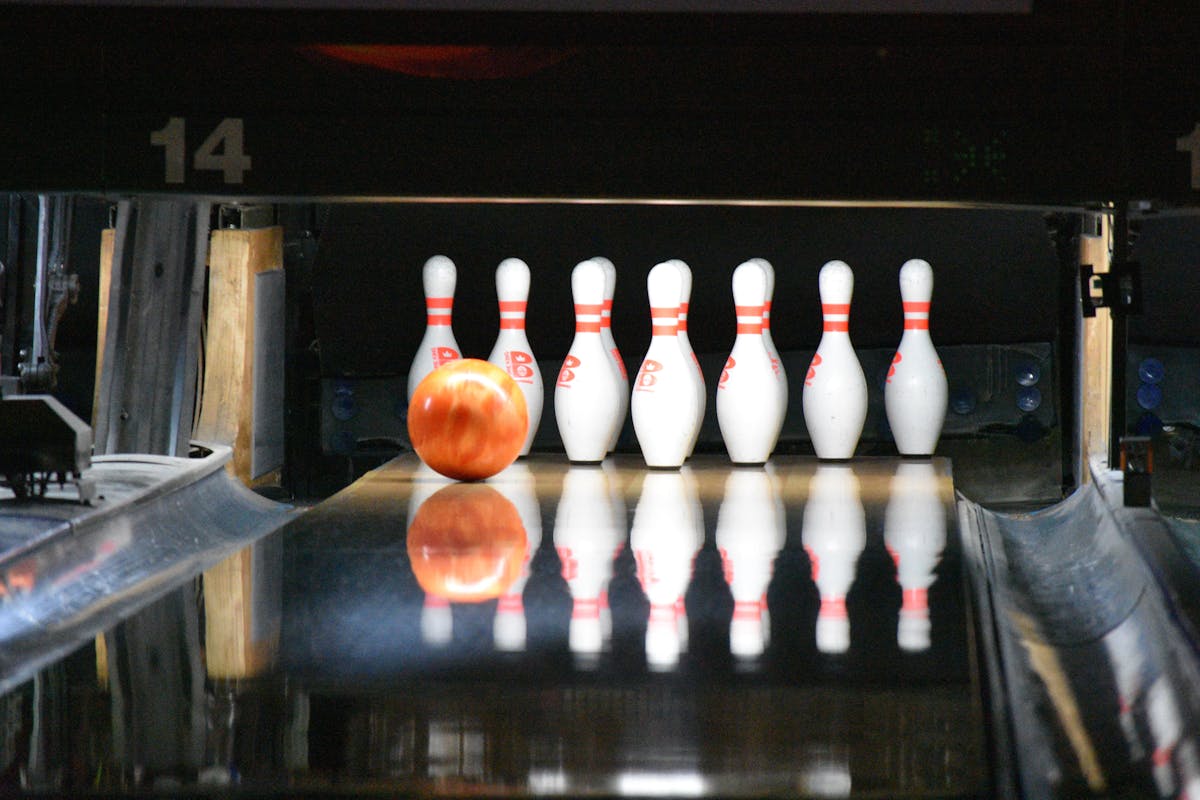 bowling pins and a bowling ball
