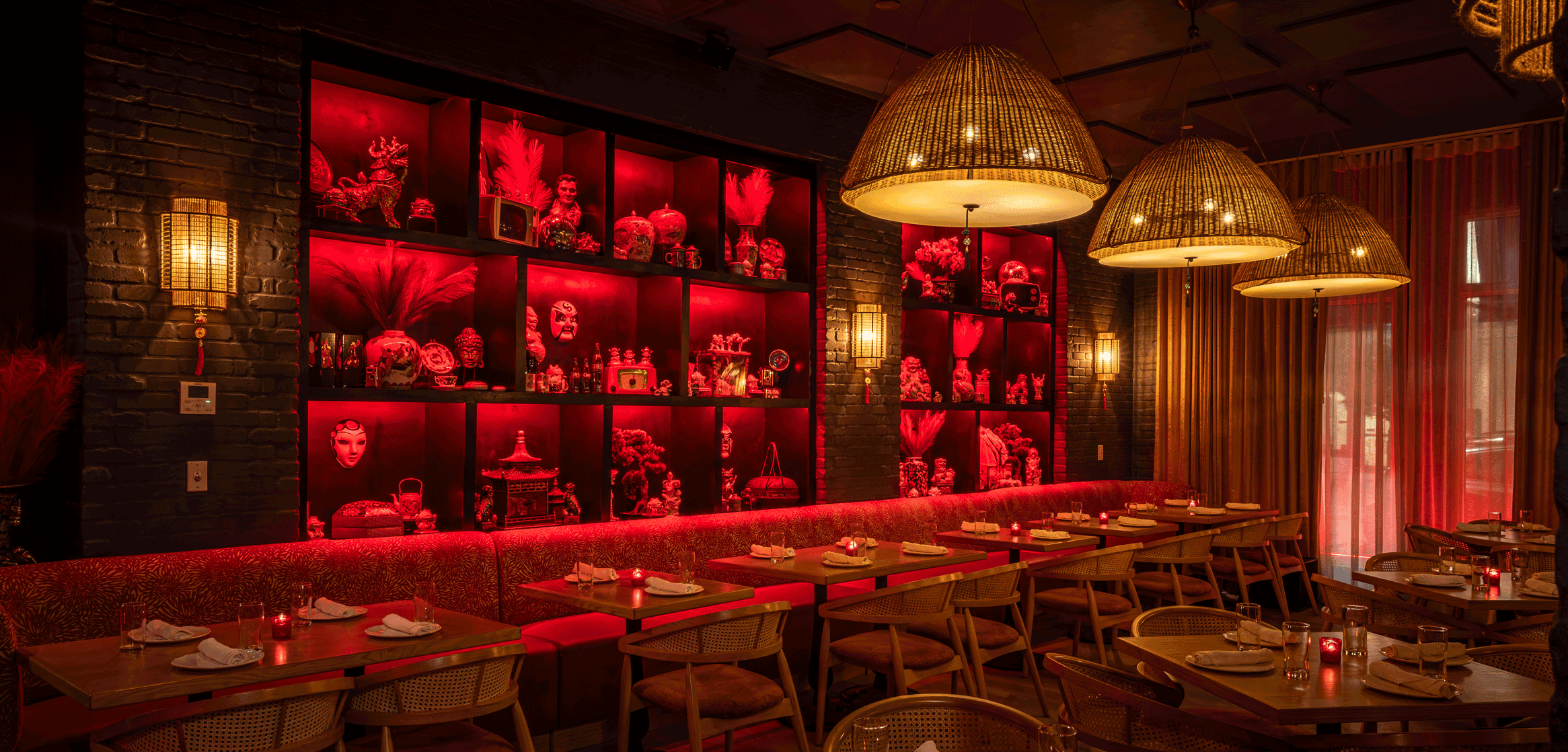 a restaurant with red lights