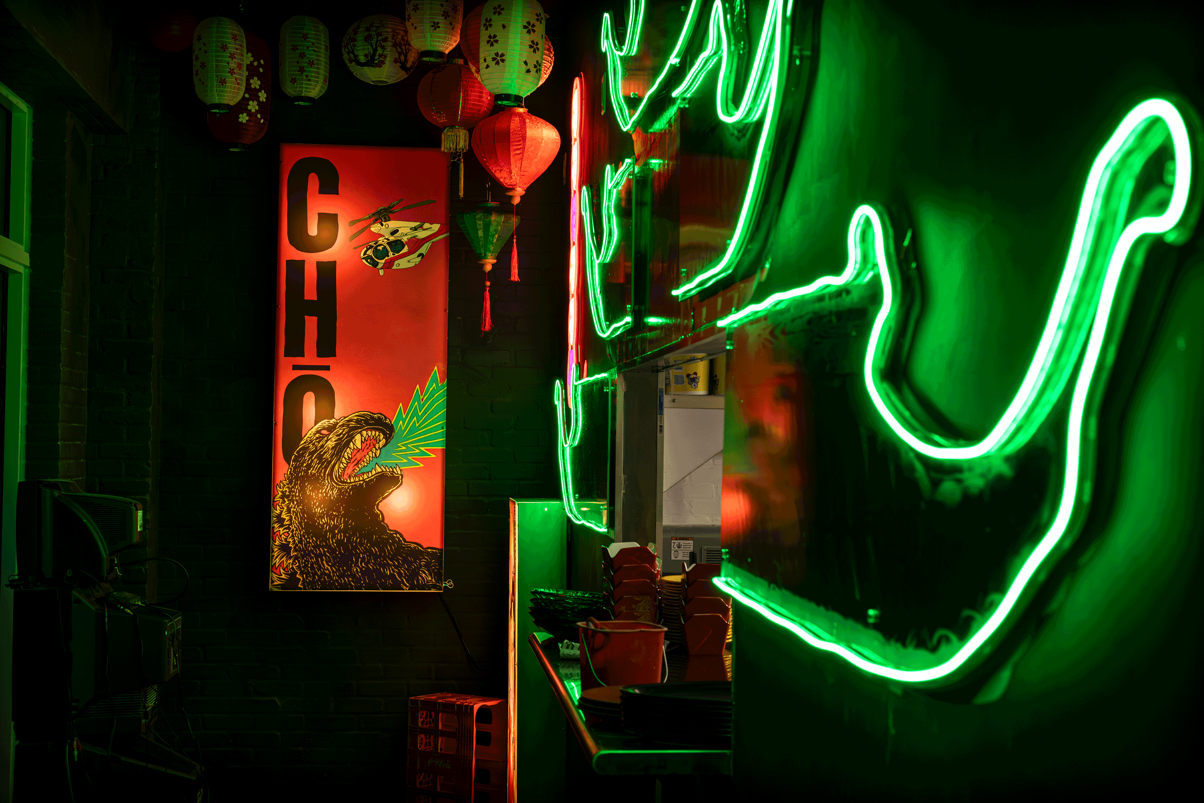 a neon sign in a room