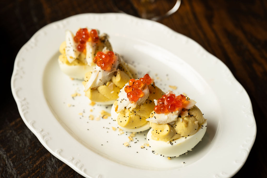 Deviled Eggs on a plate at Rec Pier Chop House, a restaurant in Baltimore, Maryland