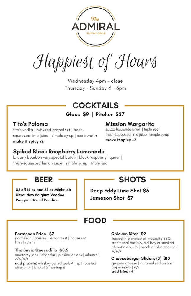 Menus The Admiral in Washington, DC