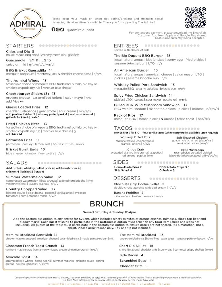 Menus The Admiral in Washington, DC