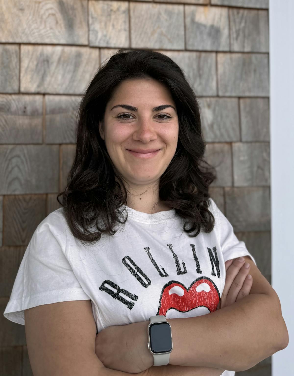 a woman in a white t-shirt