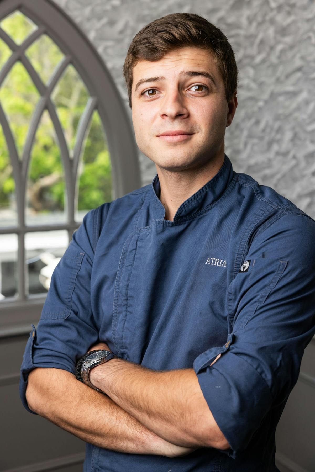 a man in a blue shirt