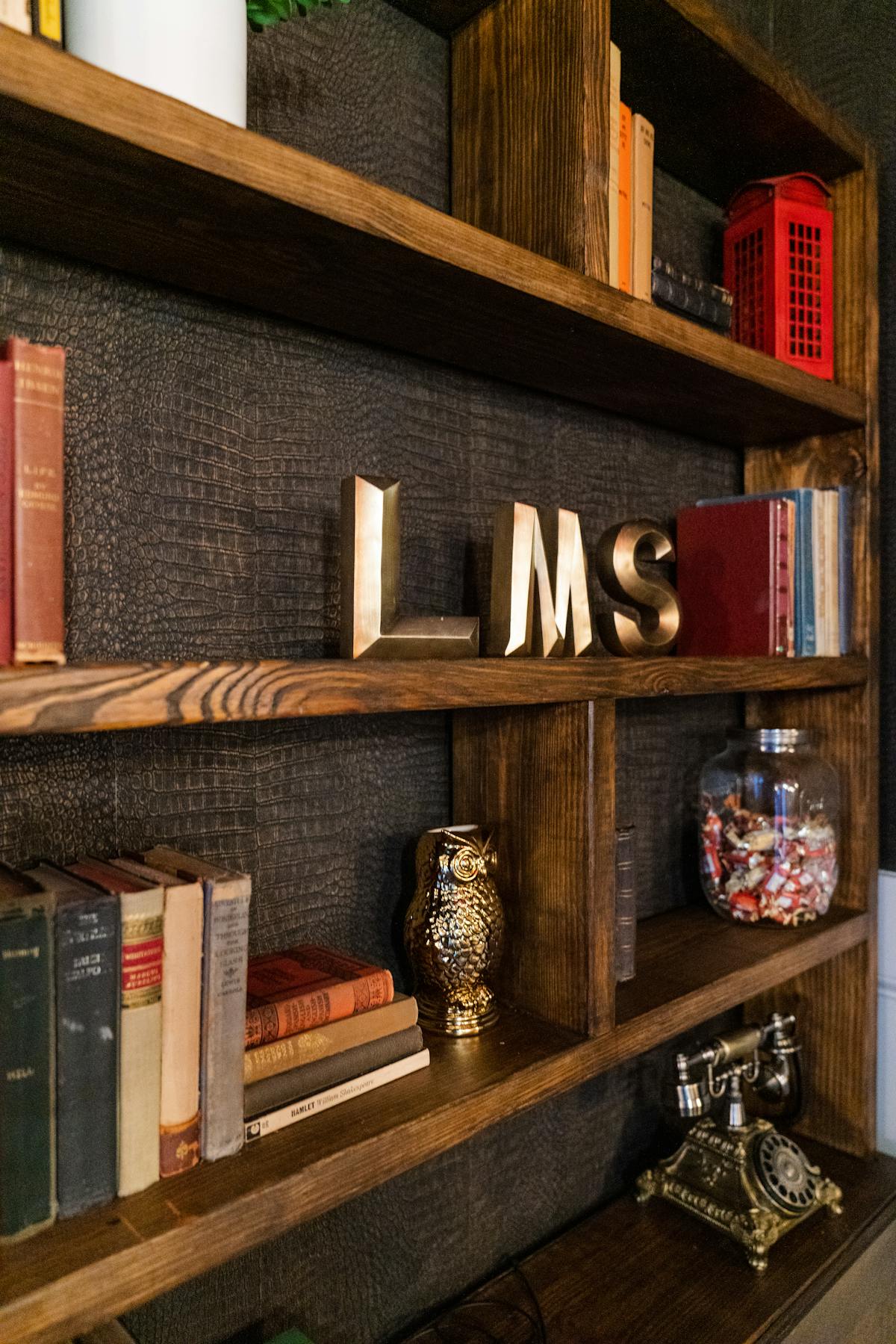 a close up of a book shelf