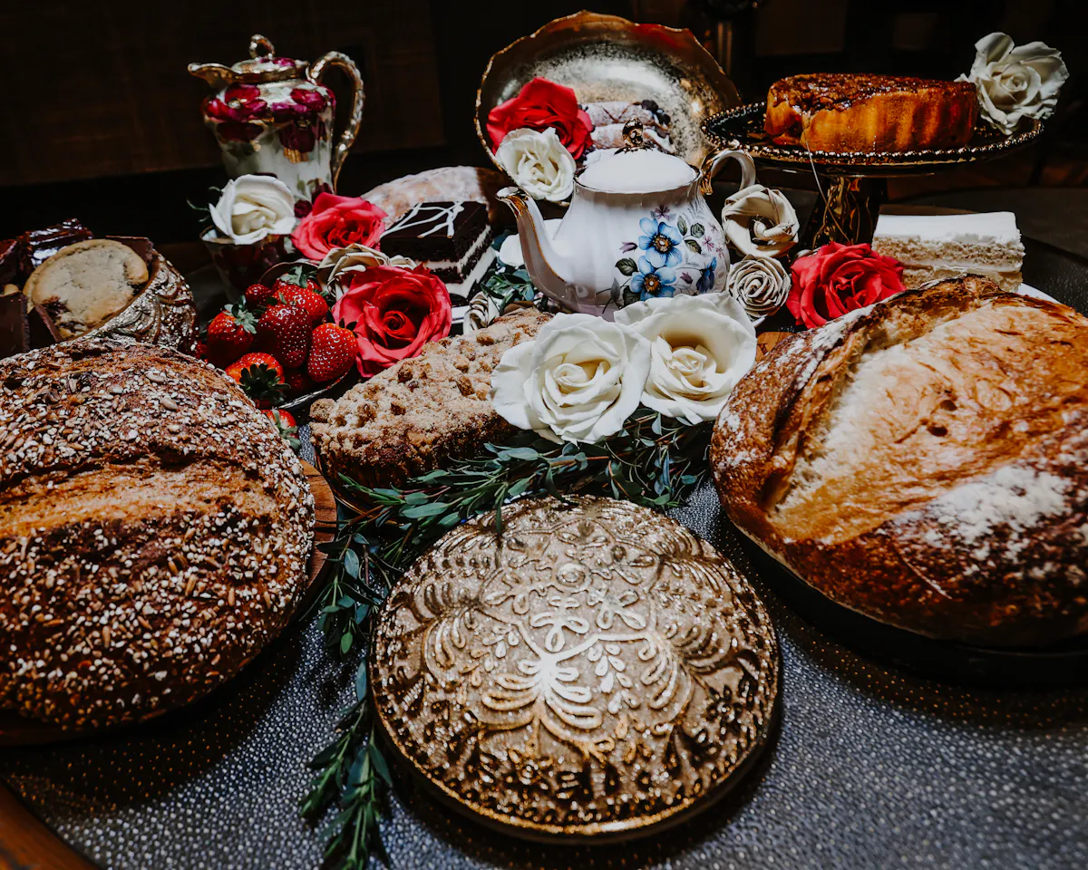 a table topped with plates of food on a plate