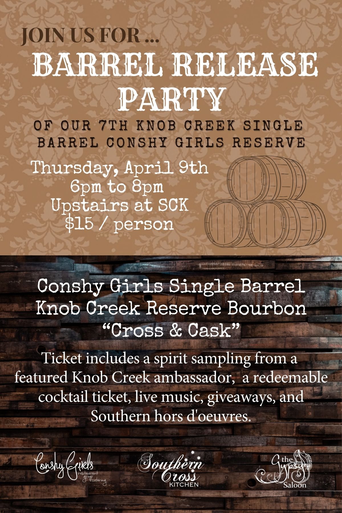 a poster with text and barrels on it