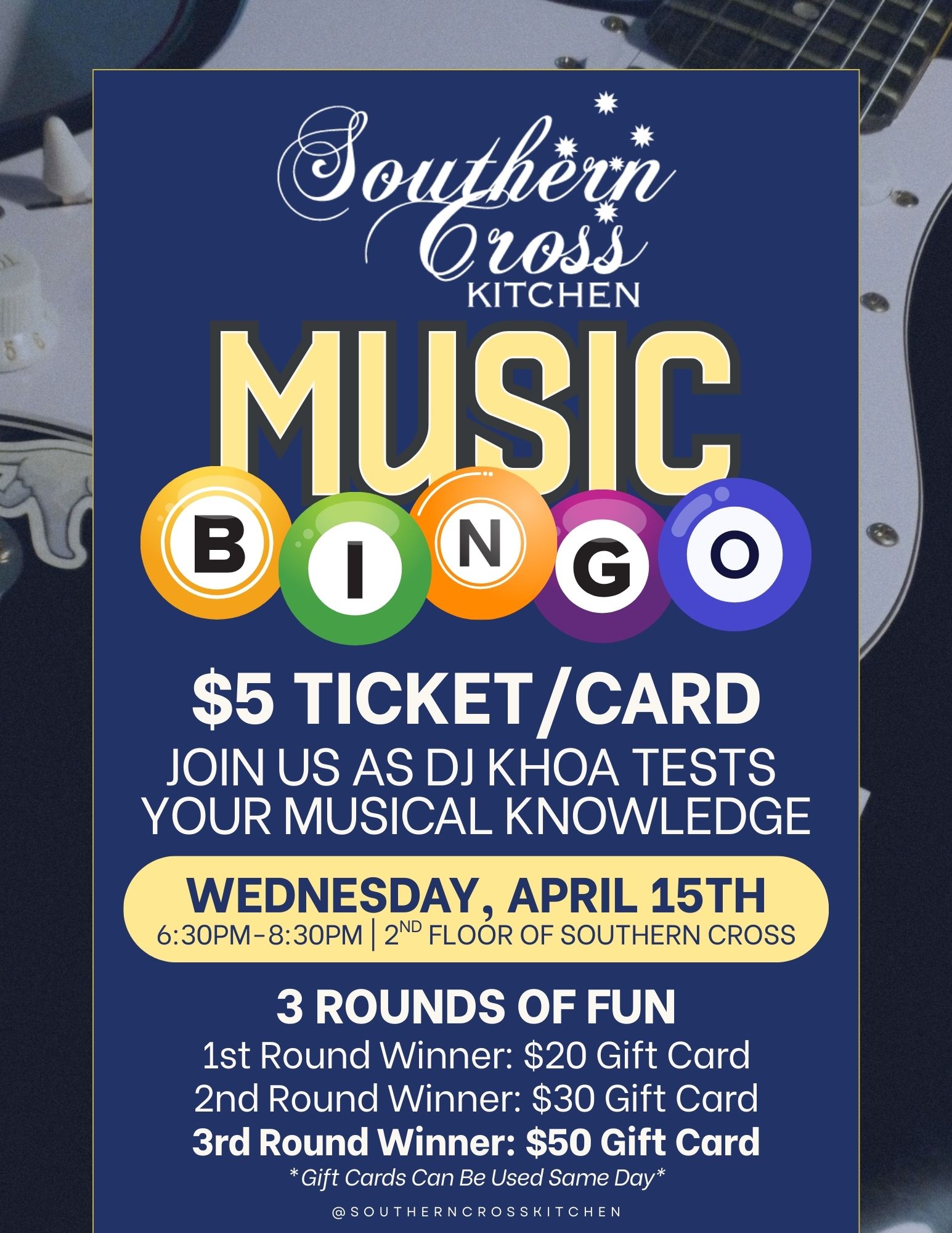 a blue and white flyer with text and colorful balls