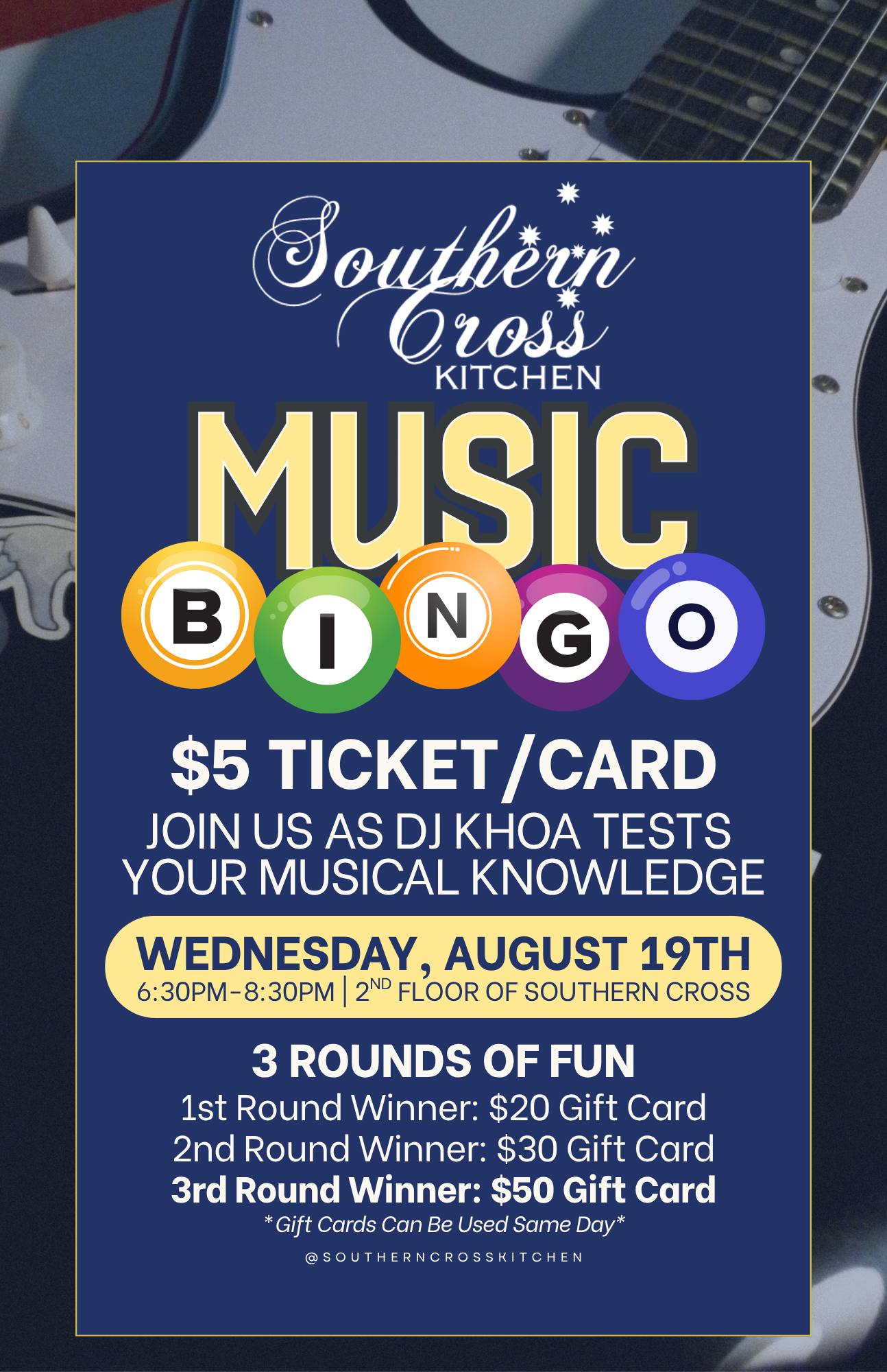 a blue and white flyer with text and a guitar