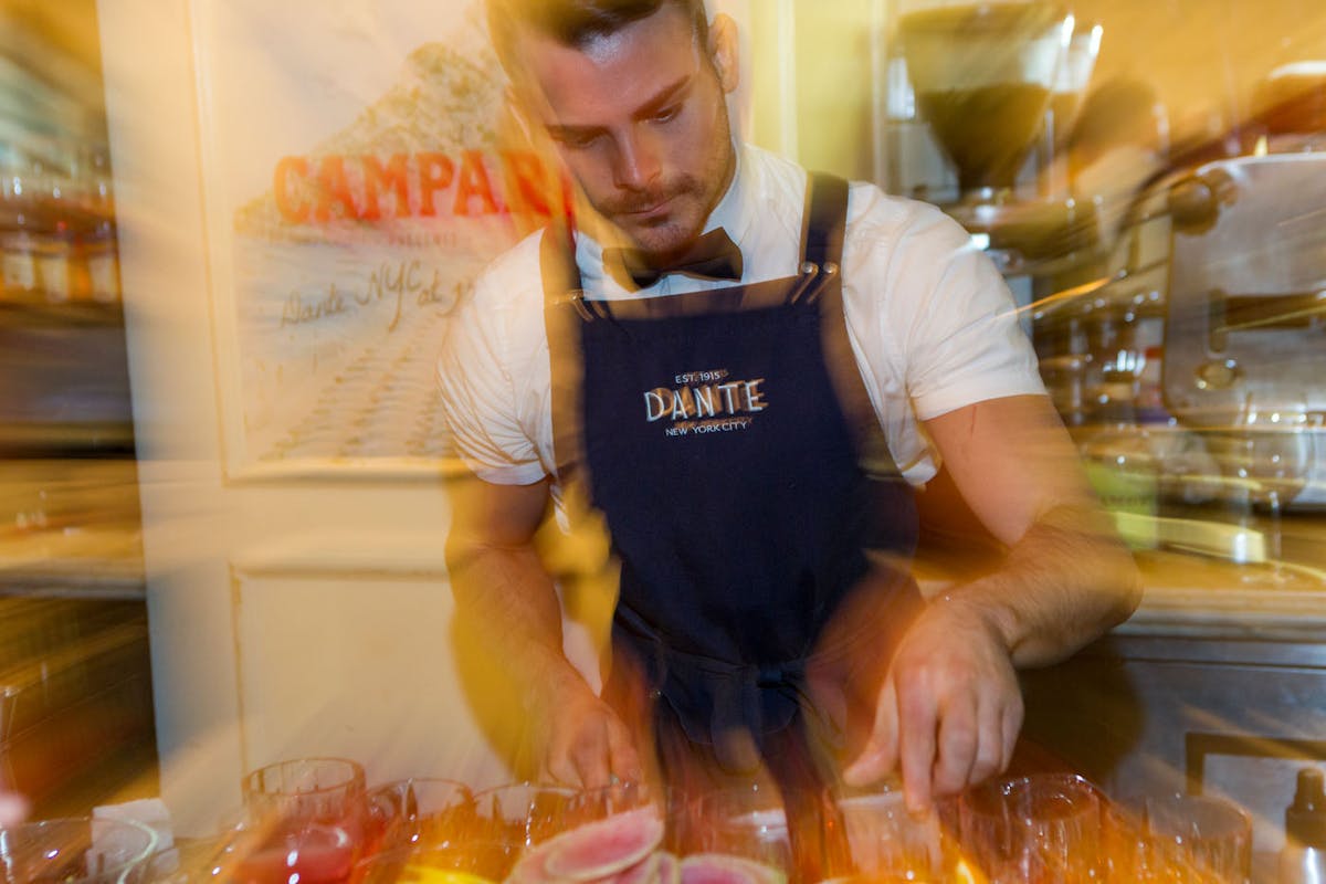 a man preparing food inside of it