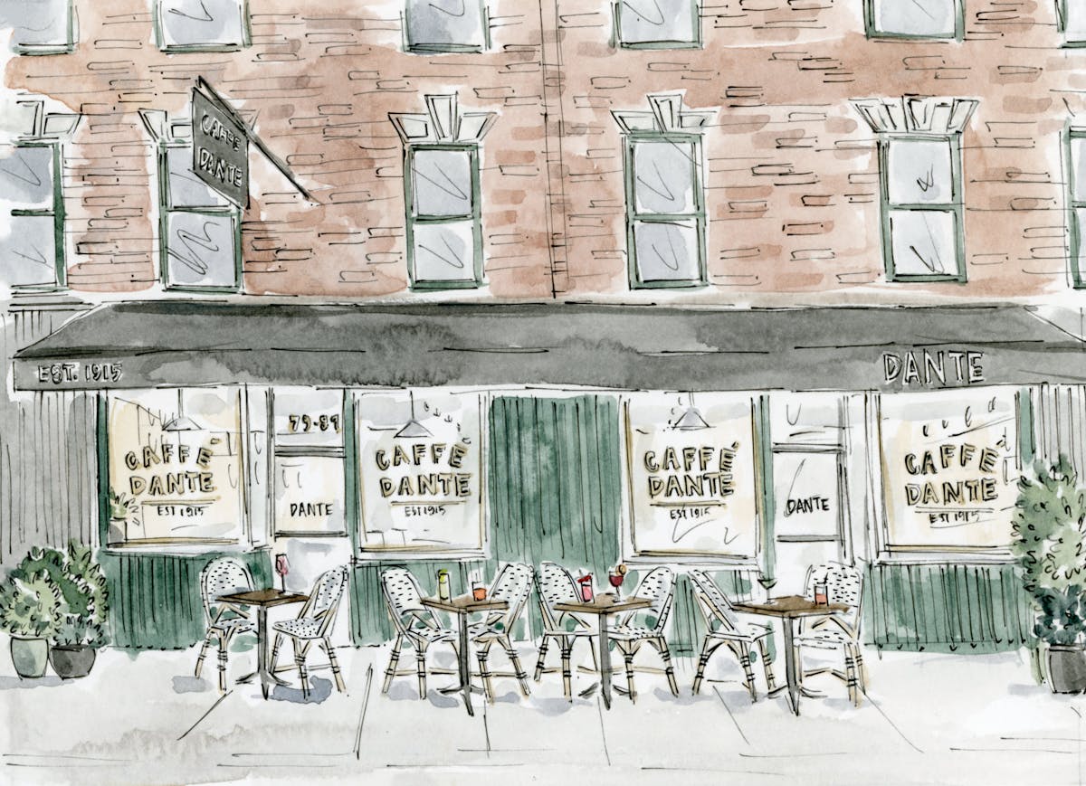a watercolor painting of a cafe area