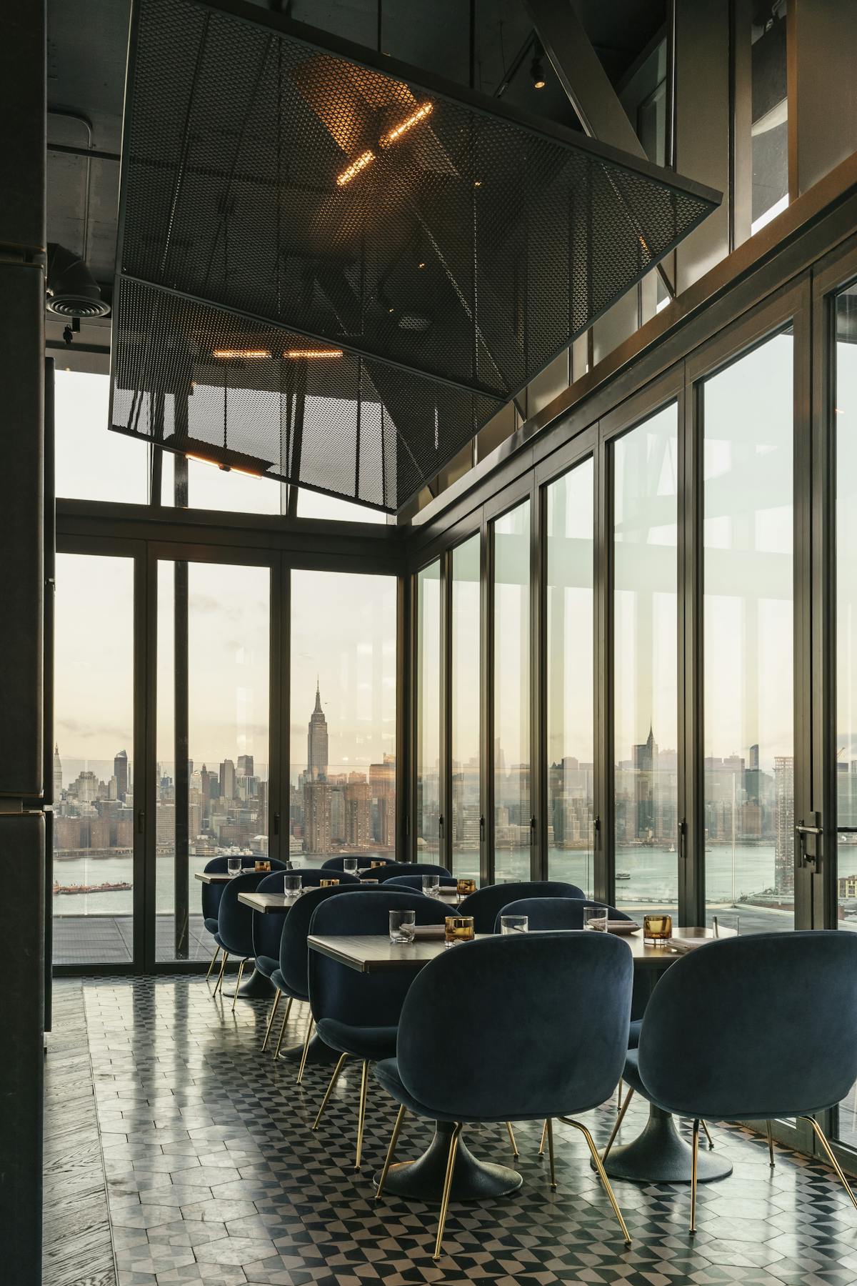 a lounge area with a large window