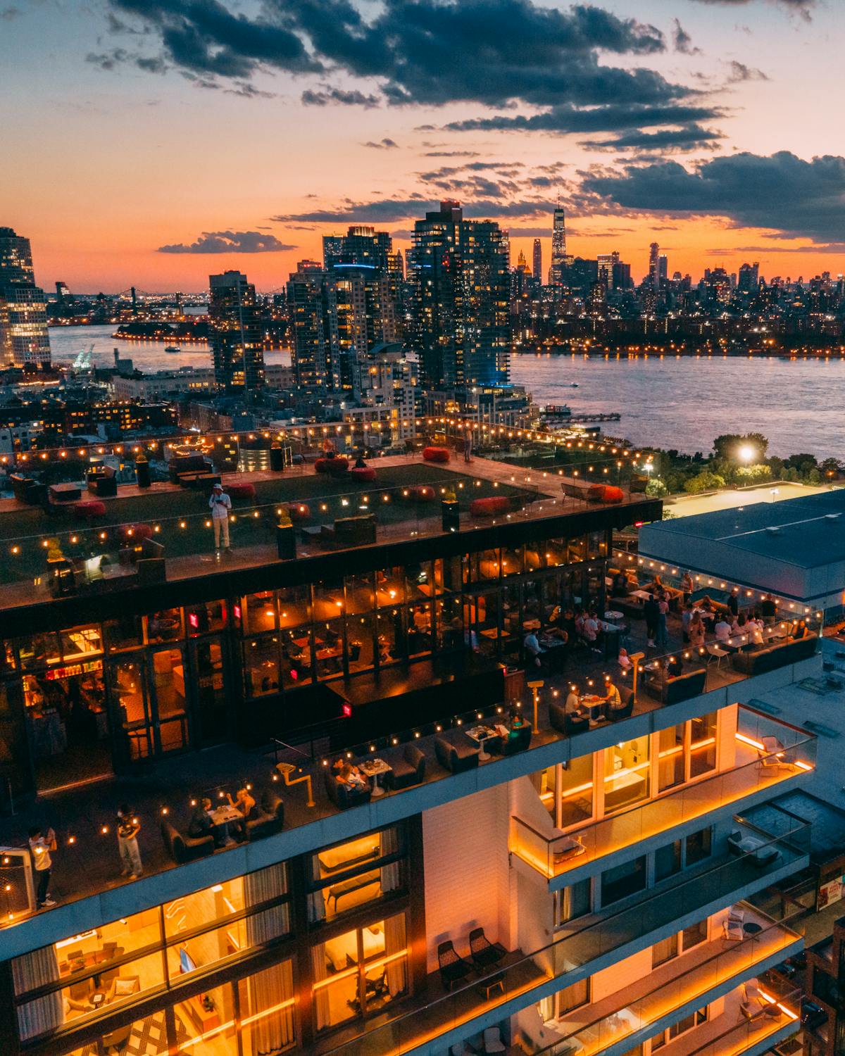 a view of a city at sunset