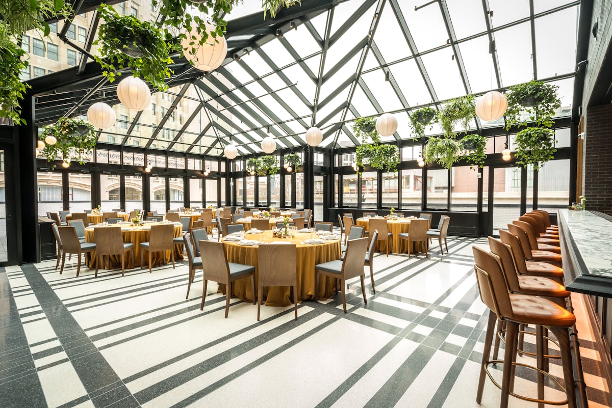 a dining room table in front of a building