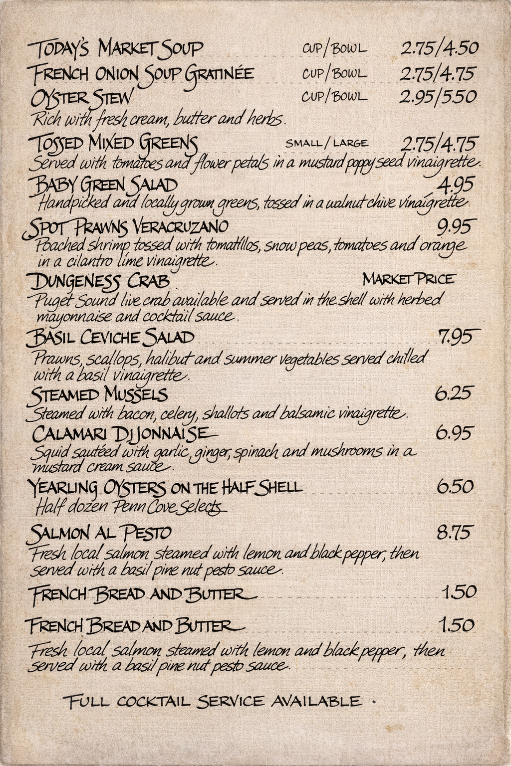 Handwritten menu from Place Pigalle, circa 1980s, by Bill Frank