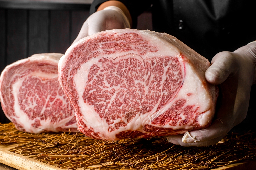 Chef holding A5 Wagyu Beef with white gloves