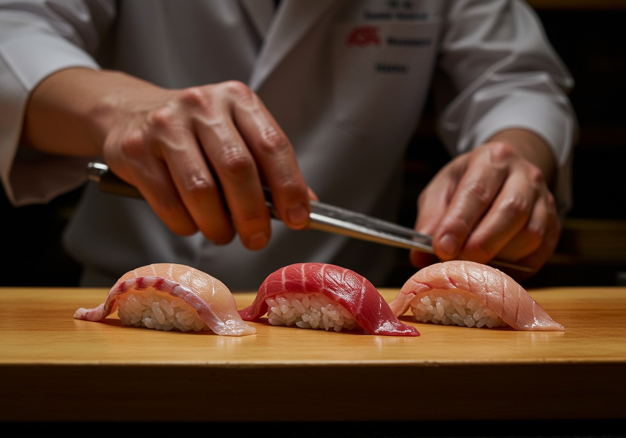 Close up view of omakase chef preparing nigiri