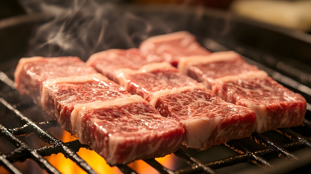 Sizzling and marbled Japanese wagyu on the grill