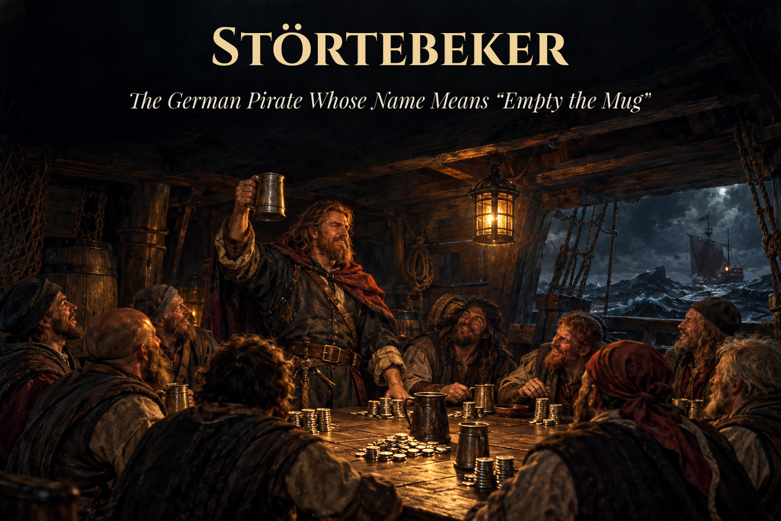Oil painting of the pirate captain Klaus Störtebeker raising a pewter tankard in his ship's lantern-lit hold while his crew splits silver coins into equal stacks, titled Störtebeker: The German Pirate Whose Name Means Empty the Mug