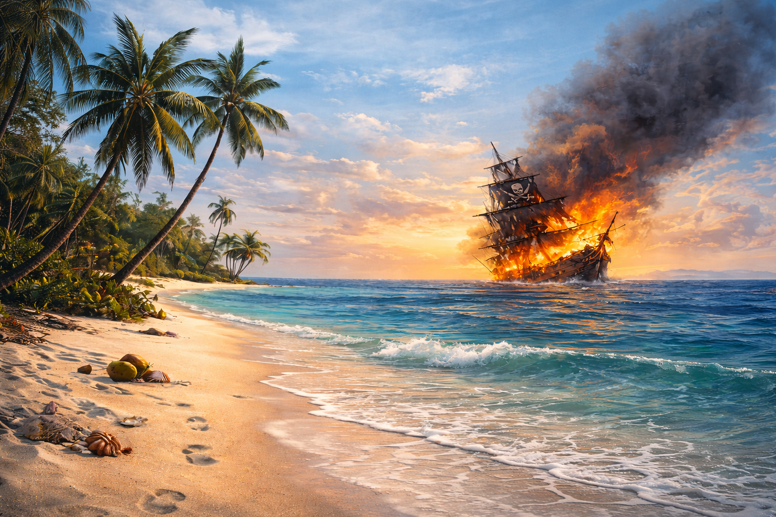 Pirate ship burning off a tropical beach at sunset, symbolizing Gasparilla pirate tradition in Tampa Bay