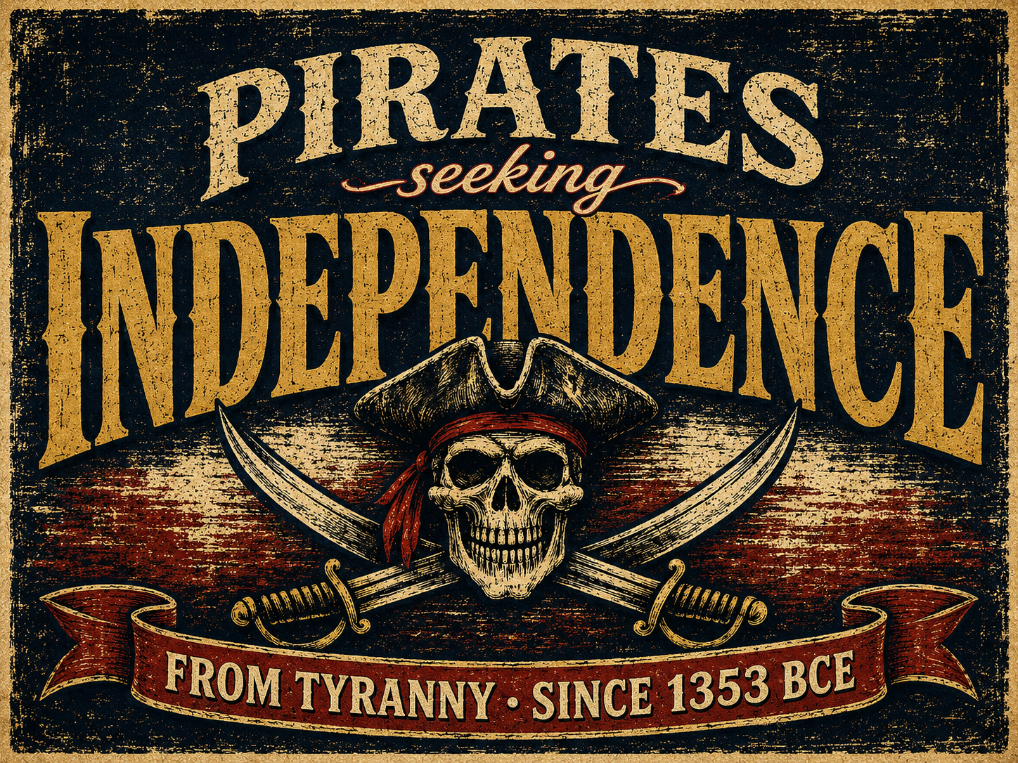 Vintage tin-sign pirate design reading Pirates Seeking Independence From Tyranny Since 1353 BCE, with a tricorn-hatted skull and crossed cutlasses