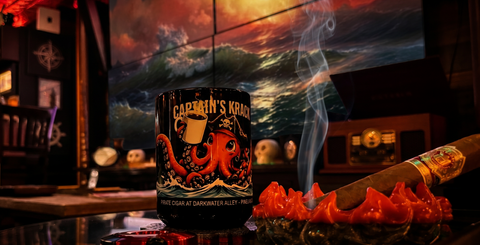 Interior of Pirate Cigar at Darkwater Alley in Pinellas Park, Florida — a pirate-themed cigar lounge featuring a Captain's Krack coffee mug, a lit premium cigar resting on an ornate ashtray, and a dramatic stormy seas backdrop with warm red ambient lighting