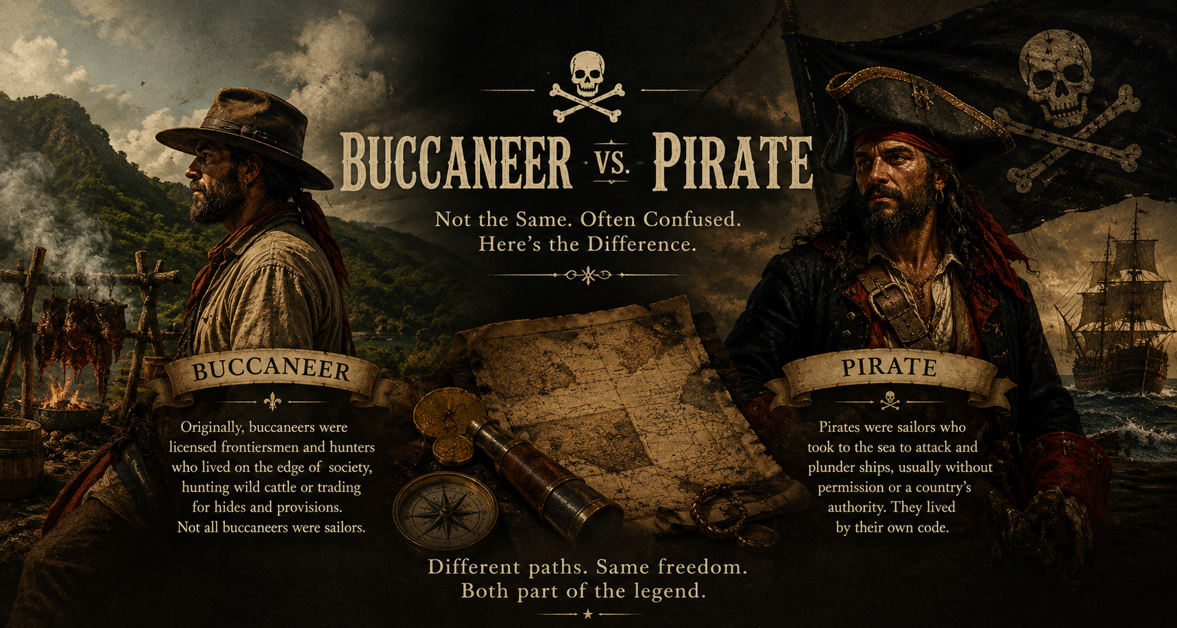 Buccaneer vs. pirate illustration explaining the difference, at Pirate Cigar at Darkwater Alley