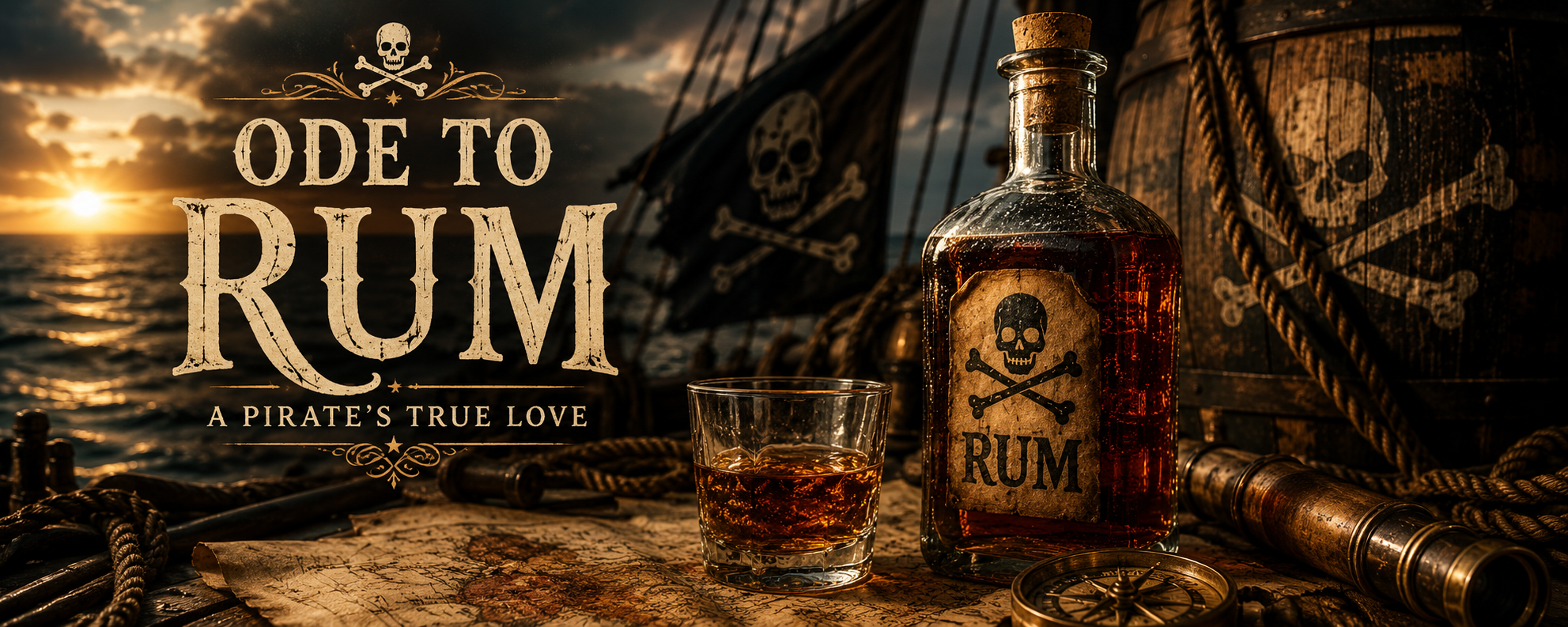 Ode to Rum - a bottle and glass of dark rum on a pirate ship deck at sunset, celebrating National Rum Day at Pirate Cigar at Darkwater Alley
