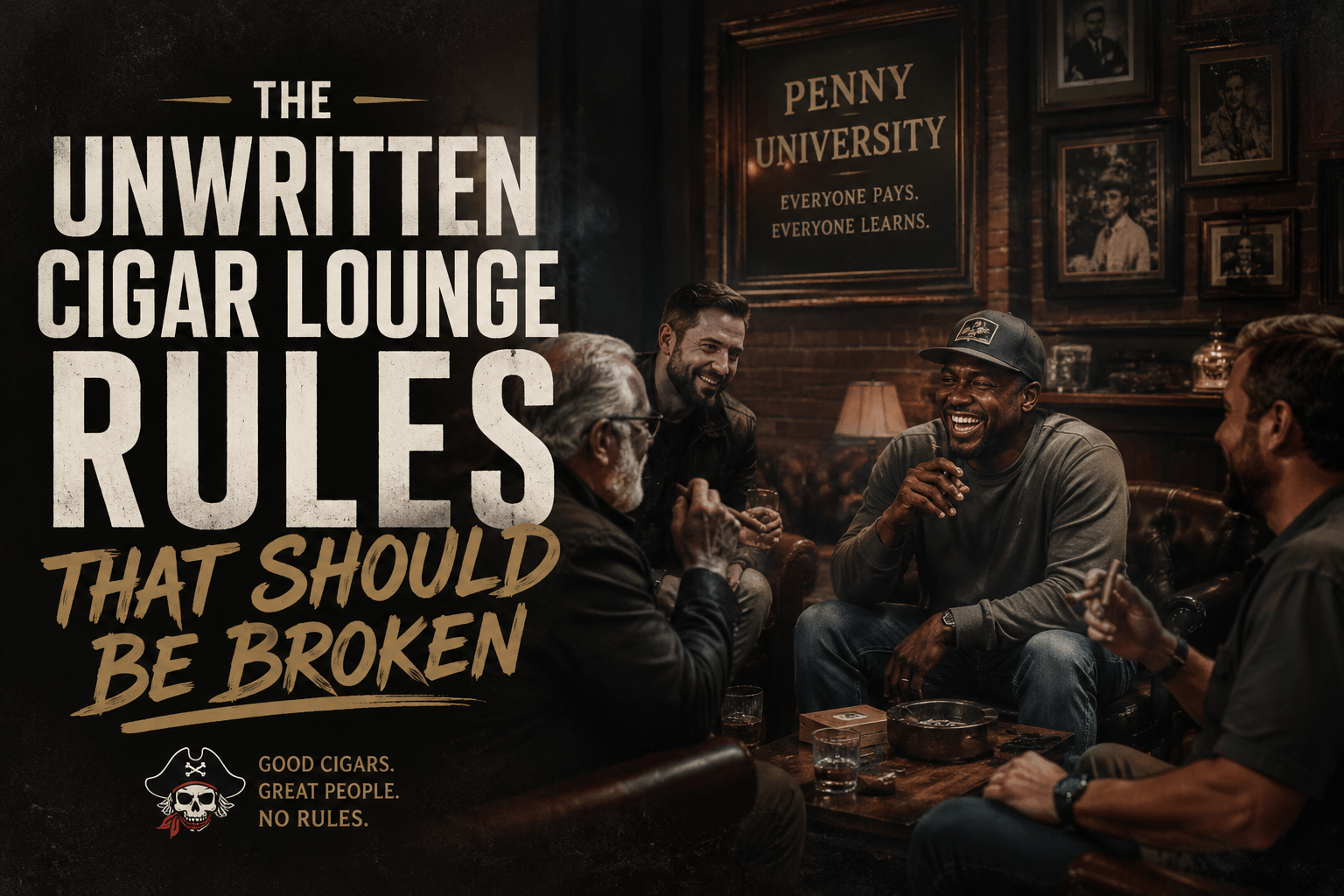 A diverse group of men laughing and smoking cigars together in a warm, dimly lit lounge with a Penny University sign on the wall — Pirate Cigar at Darkwater Alley, Pinellas Park FL
