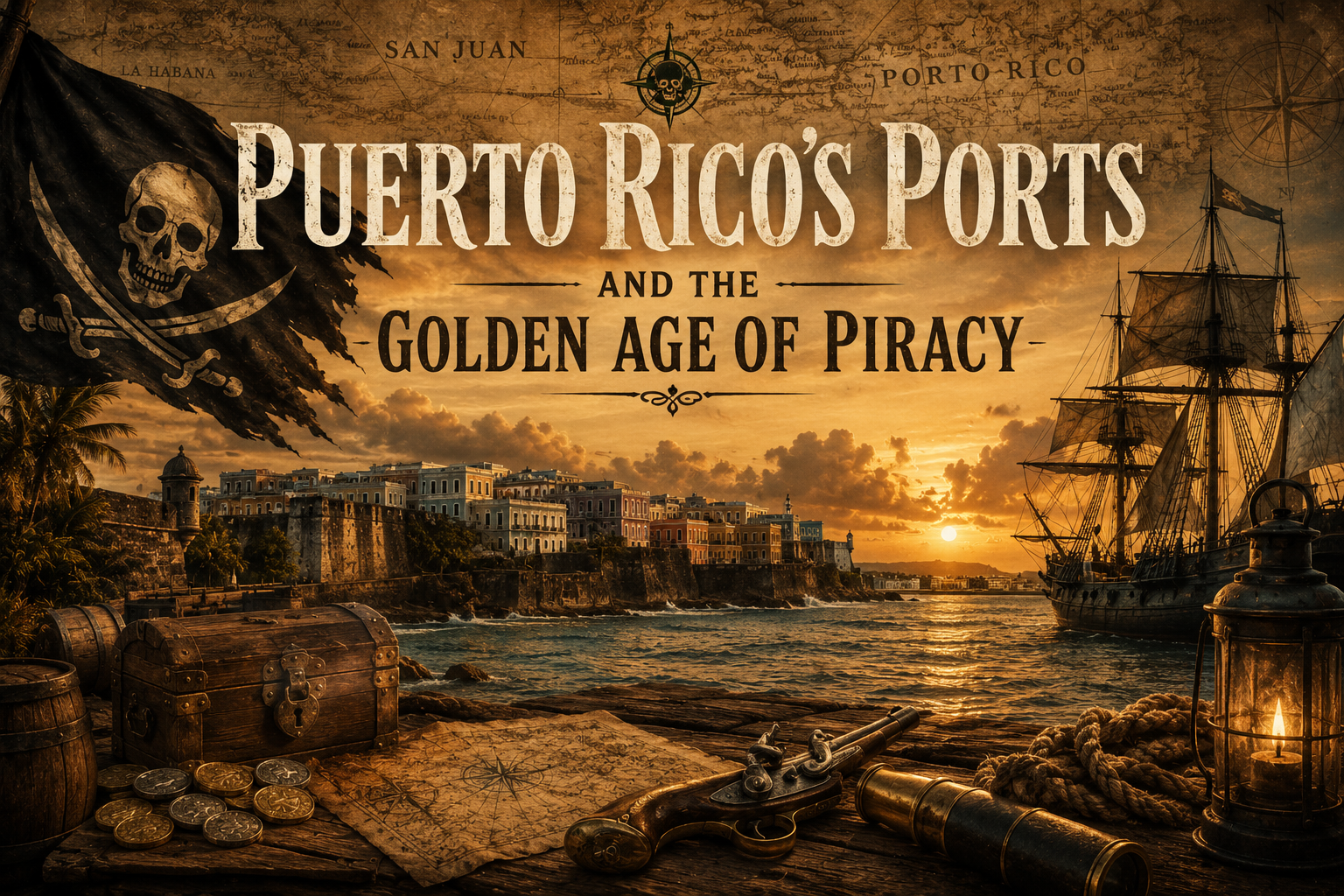 Historical blog header showing Old San Juan harbor at sunset with a pirate ship, Jolly Roger flag, treasure chest, and the title Puerto Rico's Ports and the Golden Age of Piracy