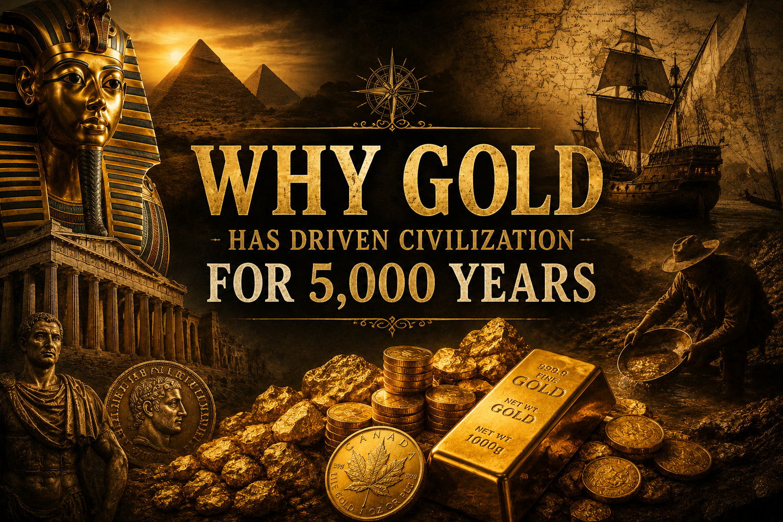 A dramatic collage depicting gold's role across human history — Egyptian pharaoh death mask, Greek Parthenon, Roman coins, Spanish galleon, gold rush prospector panning a river, and a gleaming gold bar and coins in the foreground, with the title 