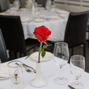 a rose in a vase on a table