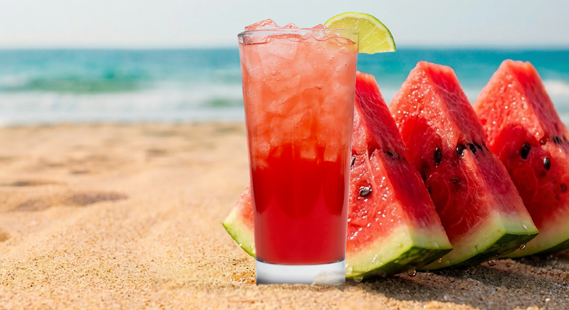 a glass of red drink with lime wedges in sand