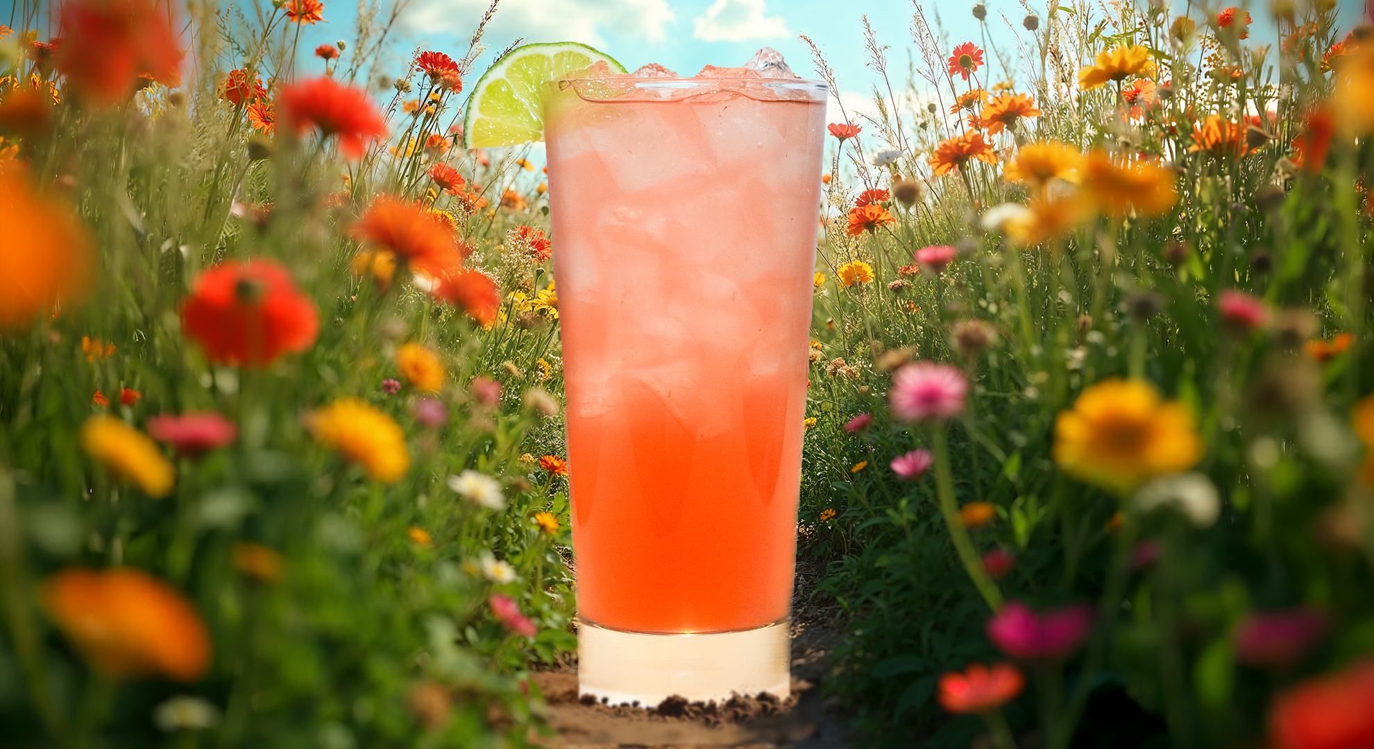 a glass of orange drink in a field of flowers