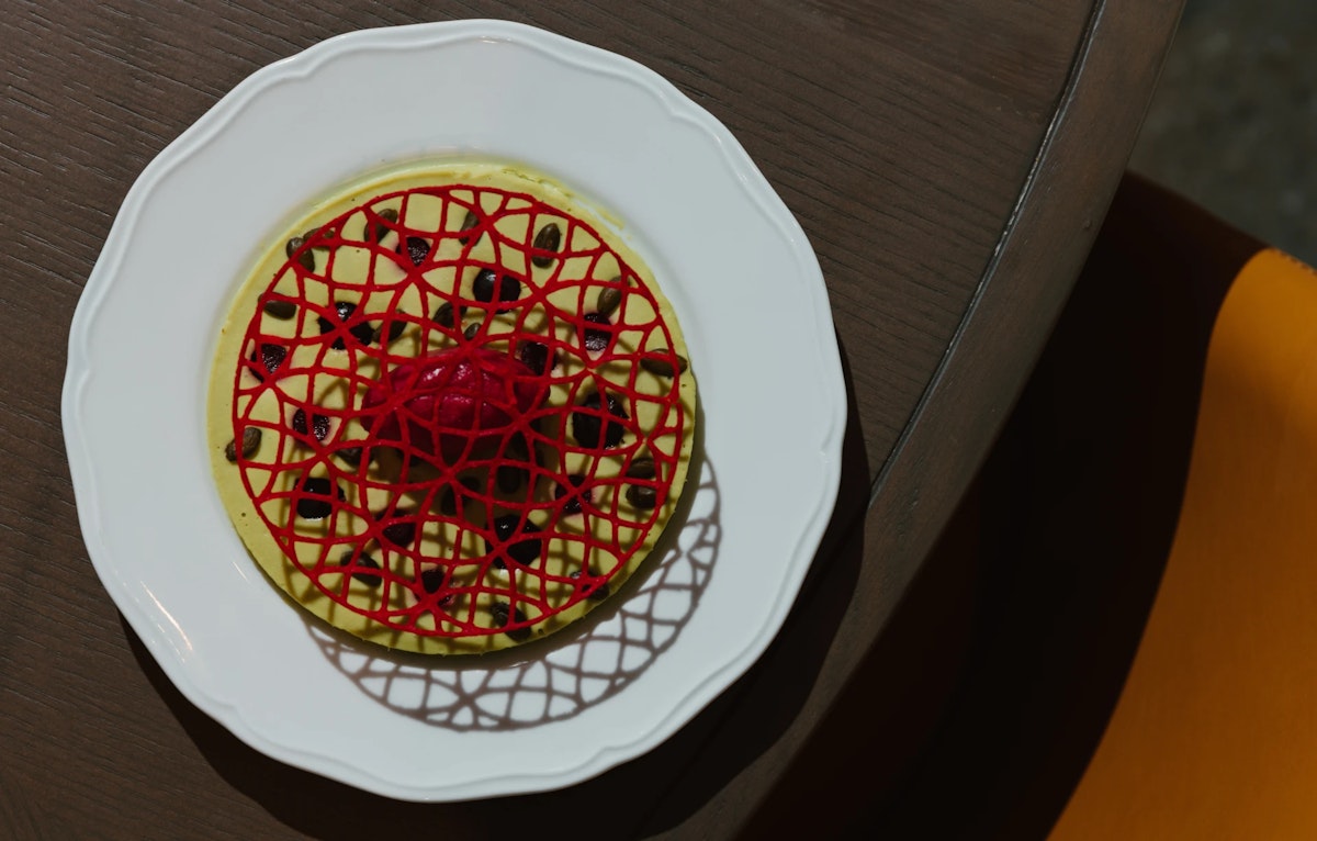 Gourmet dessert with a decorative red sugar lattice on a white plate.