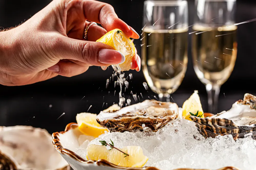 Hand squeezing fresh lemon over oysters on crushed ice with champagne glasses in the background.