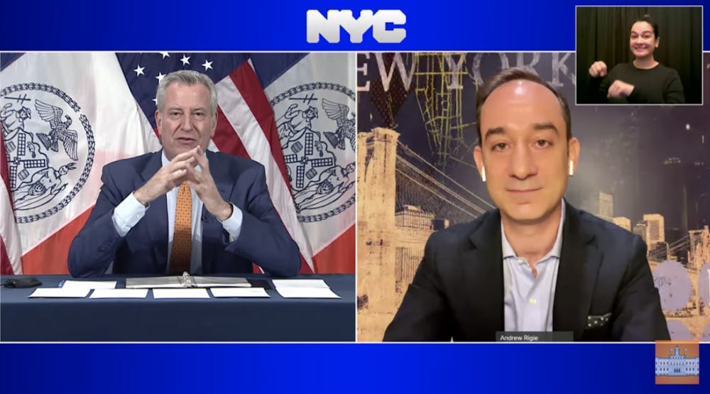 a screen shot of Bill de Blasio in a suit and tie