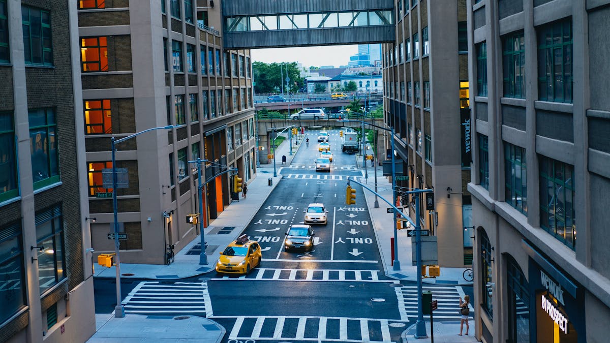 a close up of a busy city street