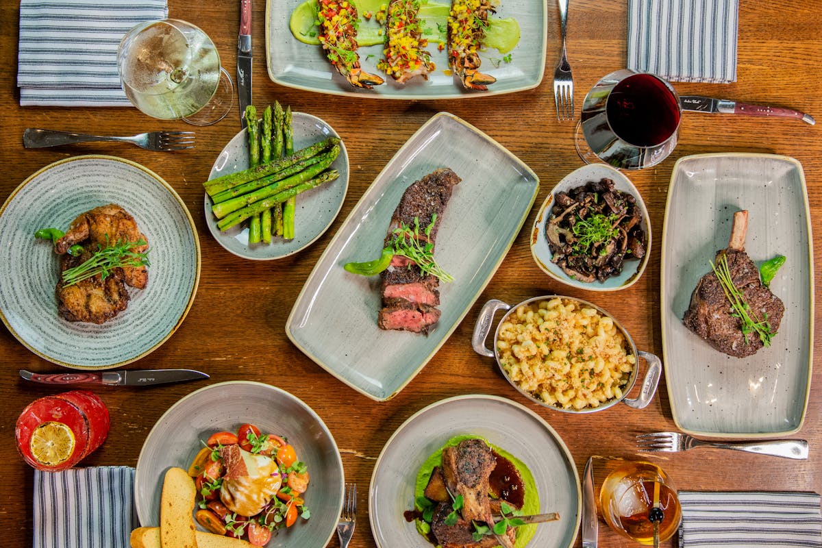 plates of food and wine on a table