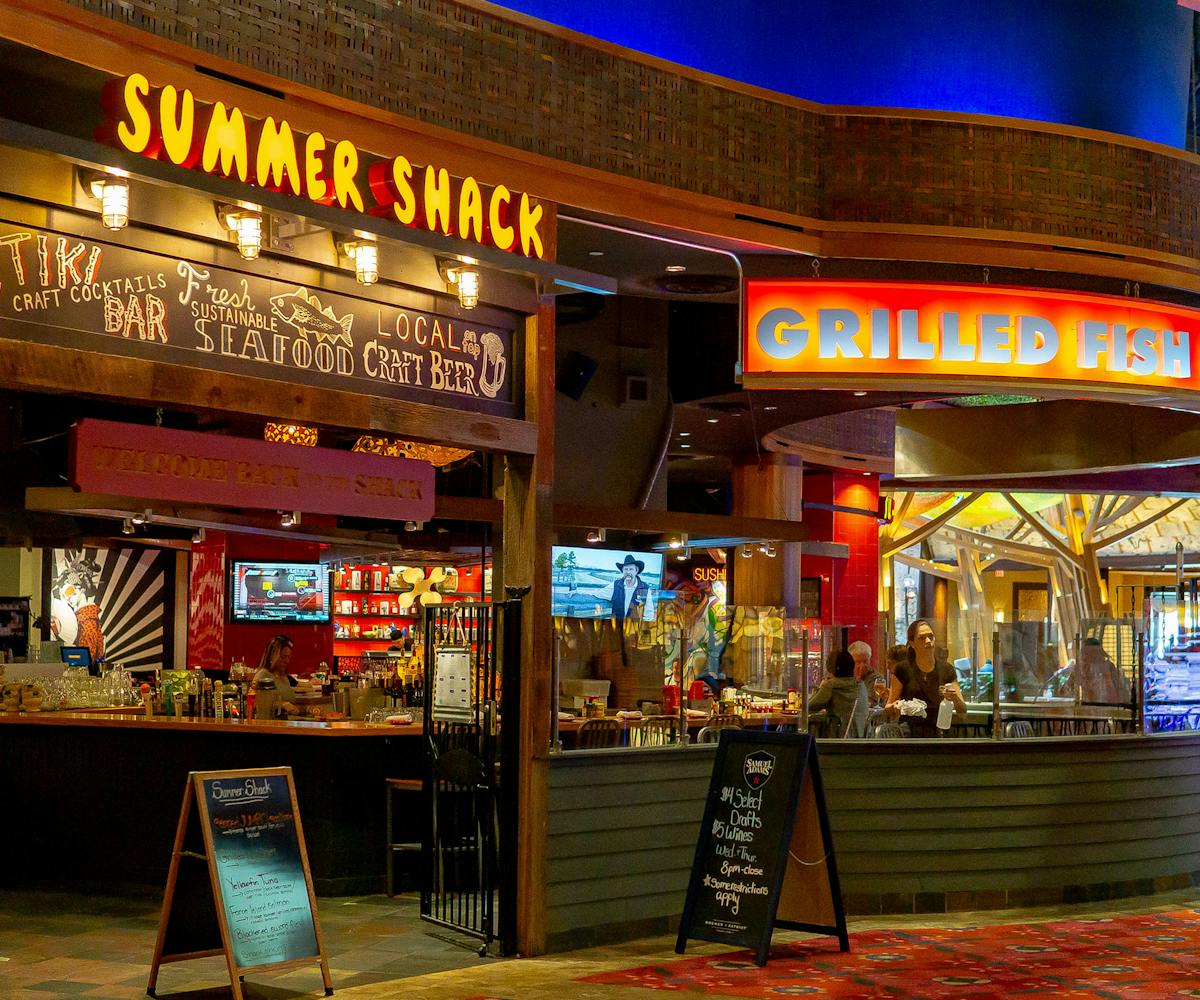 a store front at night