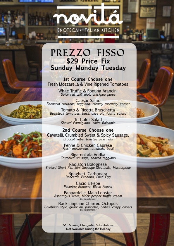 Prezzo Fisso $29 Prix Fixe Menu | Novitá