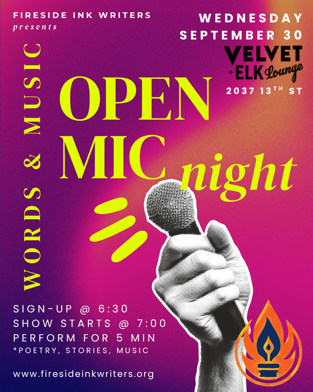 September 30, Open Mic Night presented by Fireside Ink Writers Workshop at Velvet Elk Lounge in Denver, CO